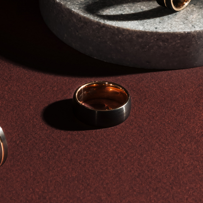 Bombora Black and Rose Gold Mens Tungsten Ring img 1